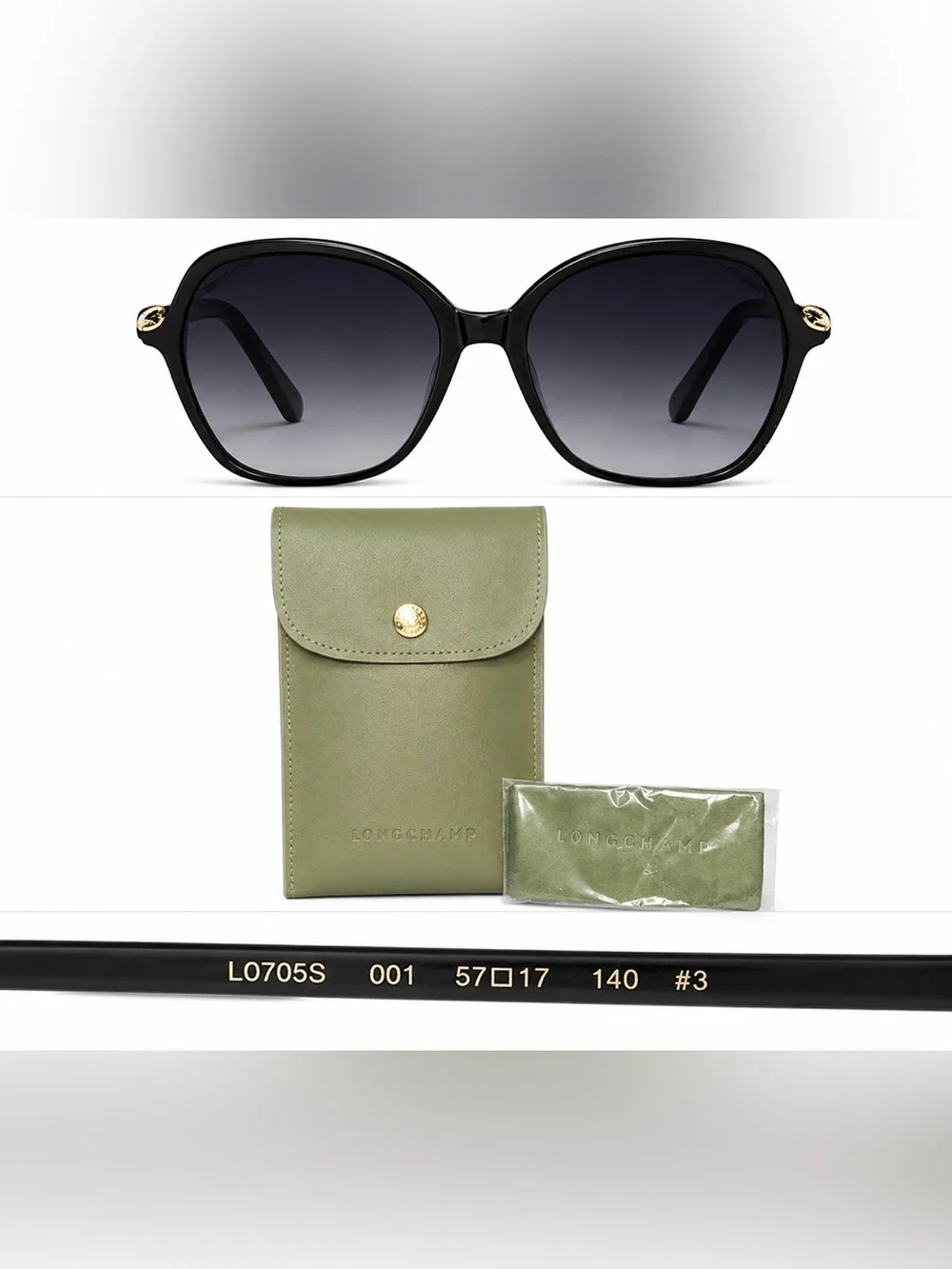 Longchamp Black Frame Sunglasses with Olive Case